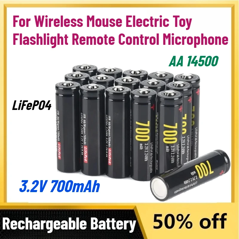 

New AA 14500 3.2V 700mAh LiFePO4 Rechargeable Battery for Wireless Mouse Electric Toy Flashlight Remote Control Microphone