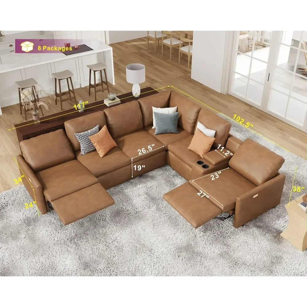 Recliner, Reclining Sectional Sofa with Console& Dual Recliner, 6 Seats Recliner Sofa with Cup Holder& USB Port, Sectional Couch