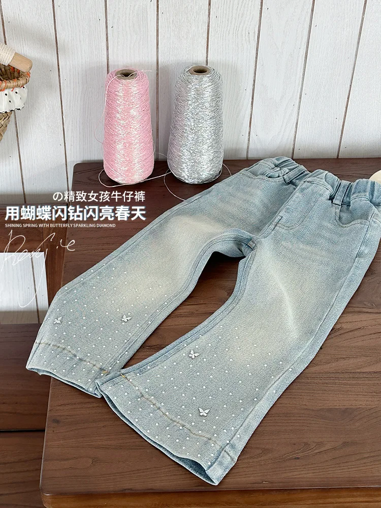 جينز بناتي: جينز بناتي مرصع بحجر الراين، جينز متوهج بنمط ربيعي جديد، مناسب للأطفال من سن 7 إلى 14 عامًا