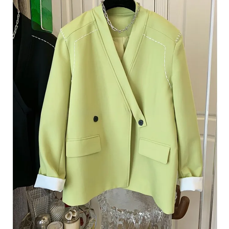 Color Block Suit Jacket Women's Loose Casual Top Spring Fashion Design Stitching Line Open Cardigan Polyester Fiber