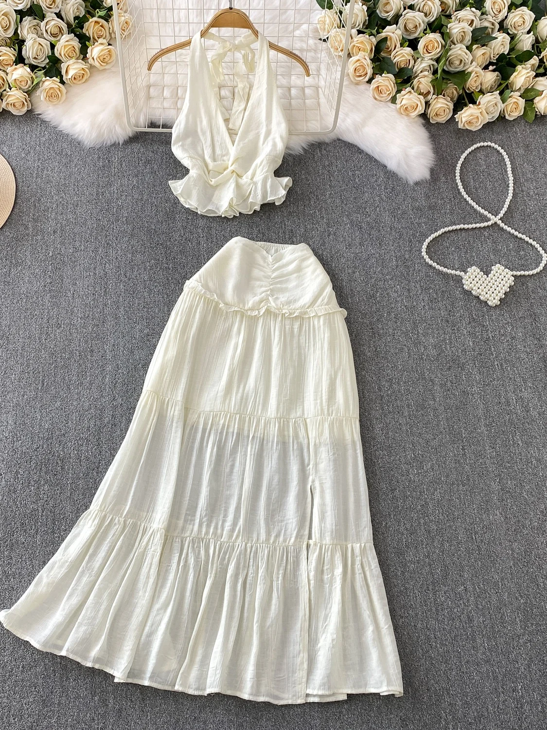 

Pure Desire Sexy Bal V-ne Hanging Ne Vest ort Knotted Lace- Top Set High Waist Slimming f-length Skirt
