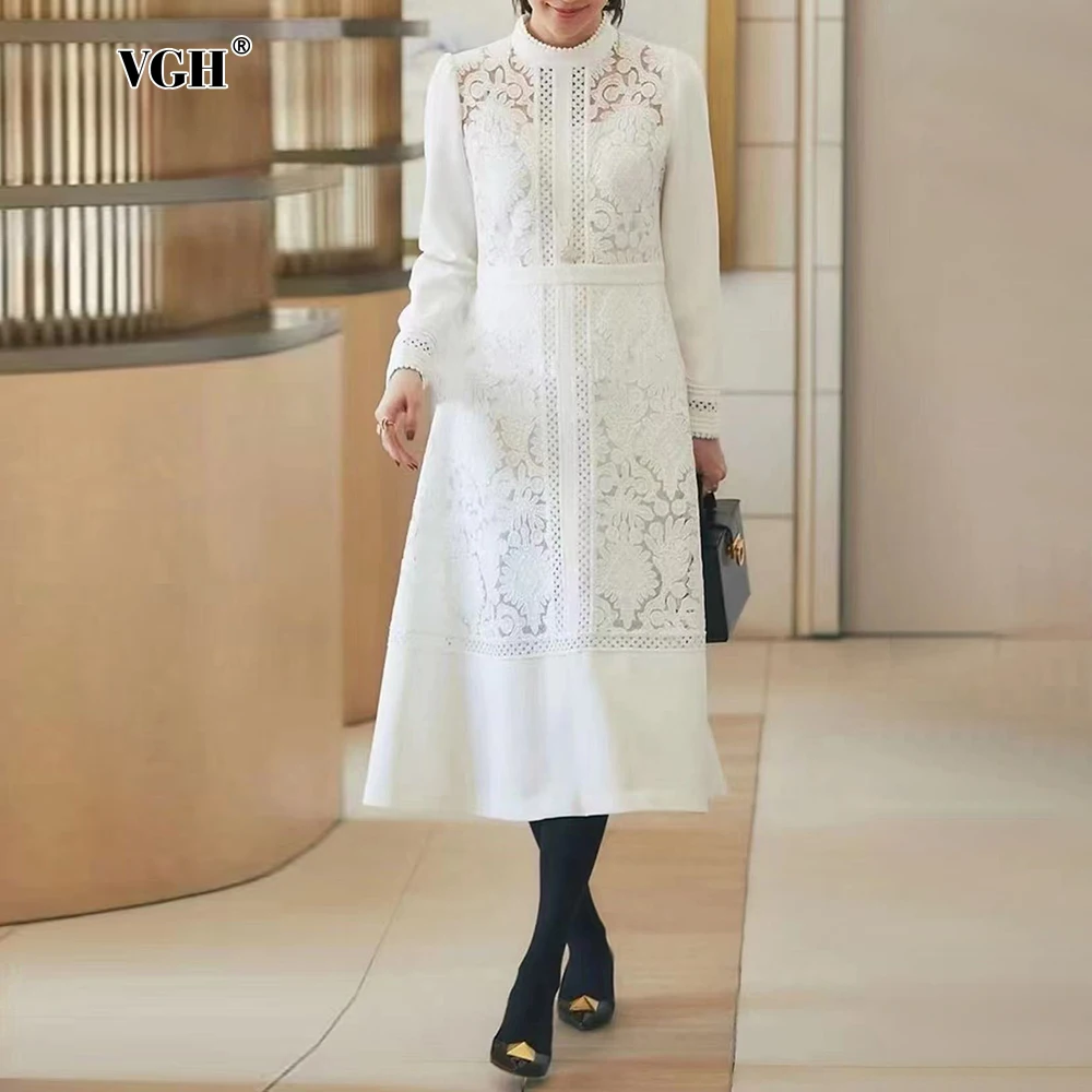 

VGH Elegant Hollow Out Embroidery Dresses For Women Stand Collar Long Sleeve High Waist Temperament A Line Dress Female Style