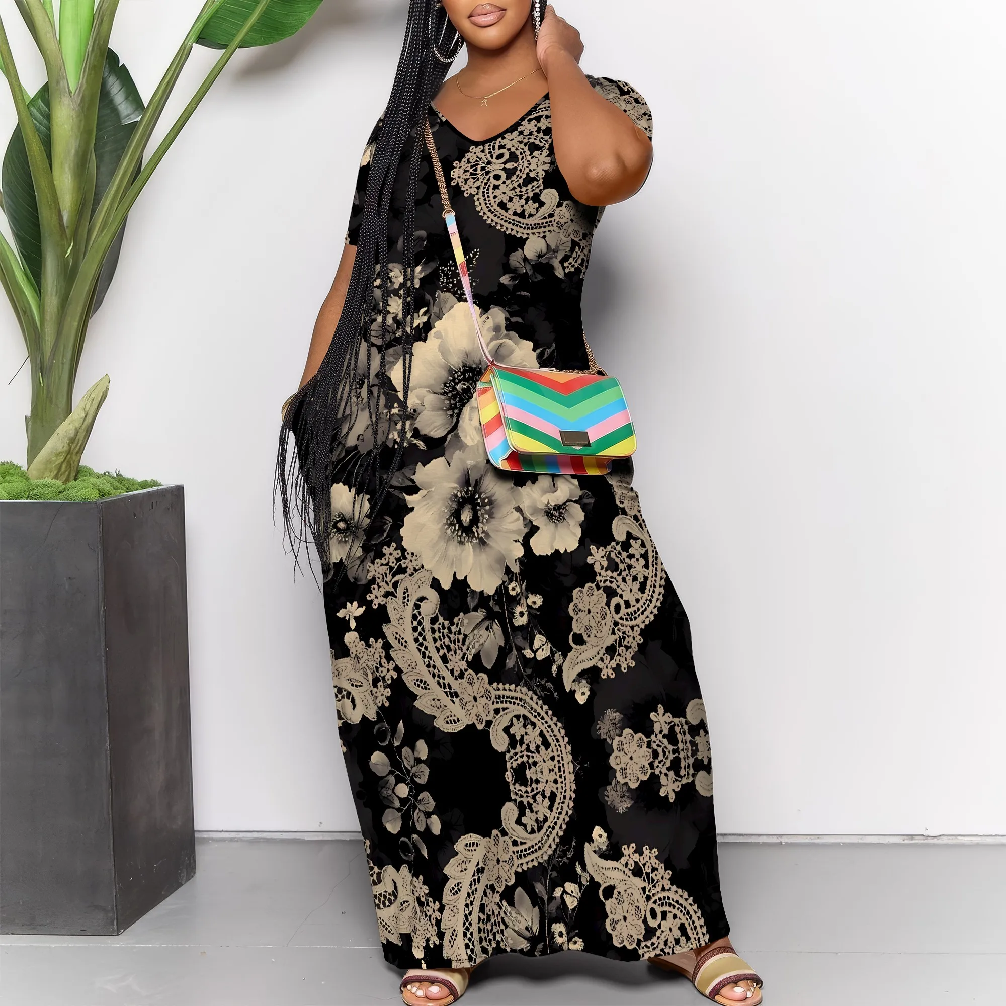 

Black Beige Floral Lace Print V-Neck Maxi Dress Evening Elegant Style