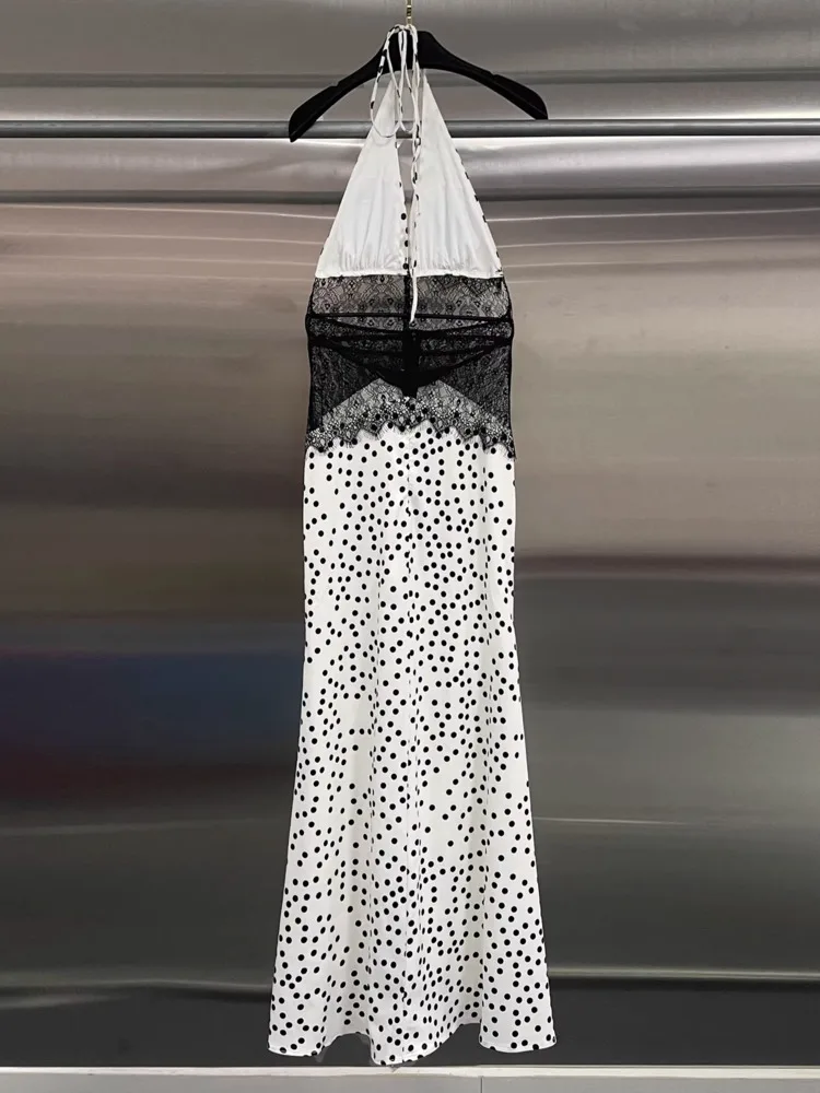 Sukienka damska DFDG, kolekcja wiosna-lato 2025, designerska sukienka w grochy, wiązana na szyi, dekolt w serek, koronka z efektem rzęs, wycięcia, odkryte plecy, seksowna długa suknia maxi.