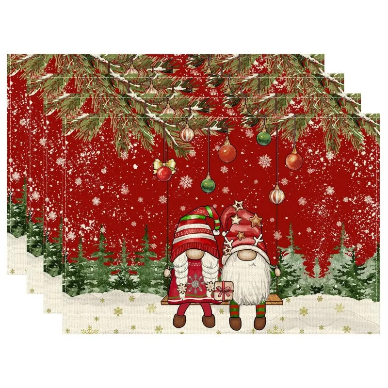 VIKAMA Linen Placemats Christmas Gnomes on Swing, Red Green, Stain Resistant Easy to Clean, Dining Table Holiday Party