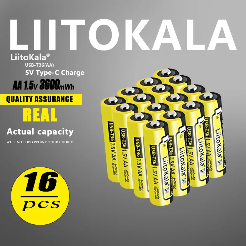 16pcs LiitoKala USB-T36 AA Rechargeable Batteries 1.5V 2400mAh Li-ion Battery for Remote Control Mouse Electric Toy Battery