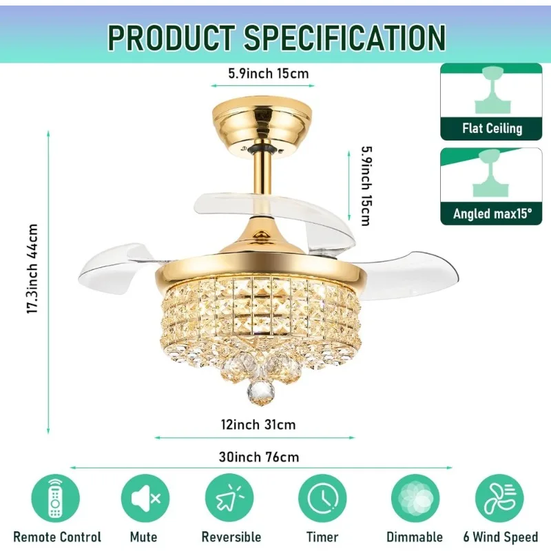

Retractable Modern Crystal Ceiling Fan with Light 30 RGB Bluetooth Remote 6 Speed Reversible Blades Gold