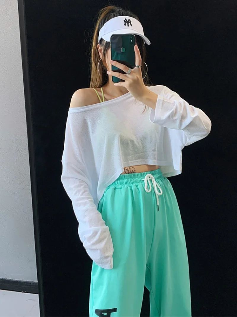 High Elastic Black White T Shirt Jazz Dance Performance Loose Long Sleeve Shoulder Leak out Belly Dance Props Lightweight Dra...