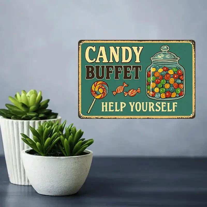 2D Plane,aVintage Metal Tin Sign Wall Art for a Self-Service Candy Bar-Colorful Candy Jar Illustration,Rust-Resistant Measuring