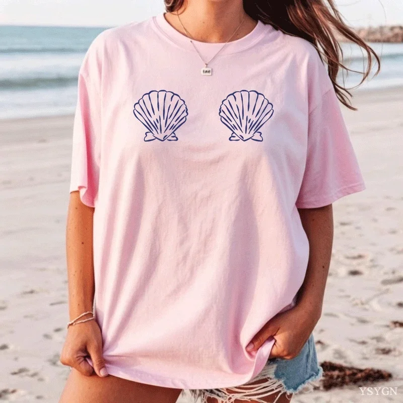 Women White Blue Seashell Print Crew Neck T-Shirt Casual Beachwear Aesthetic Clothes Urban Style Printed T-Shirt Vibrant Colors