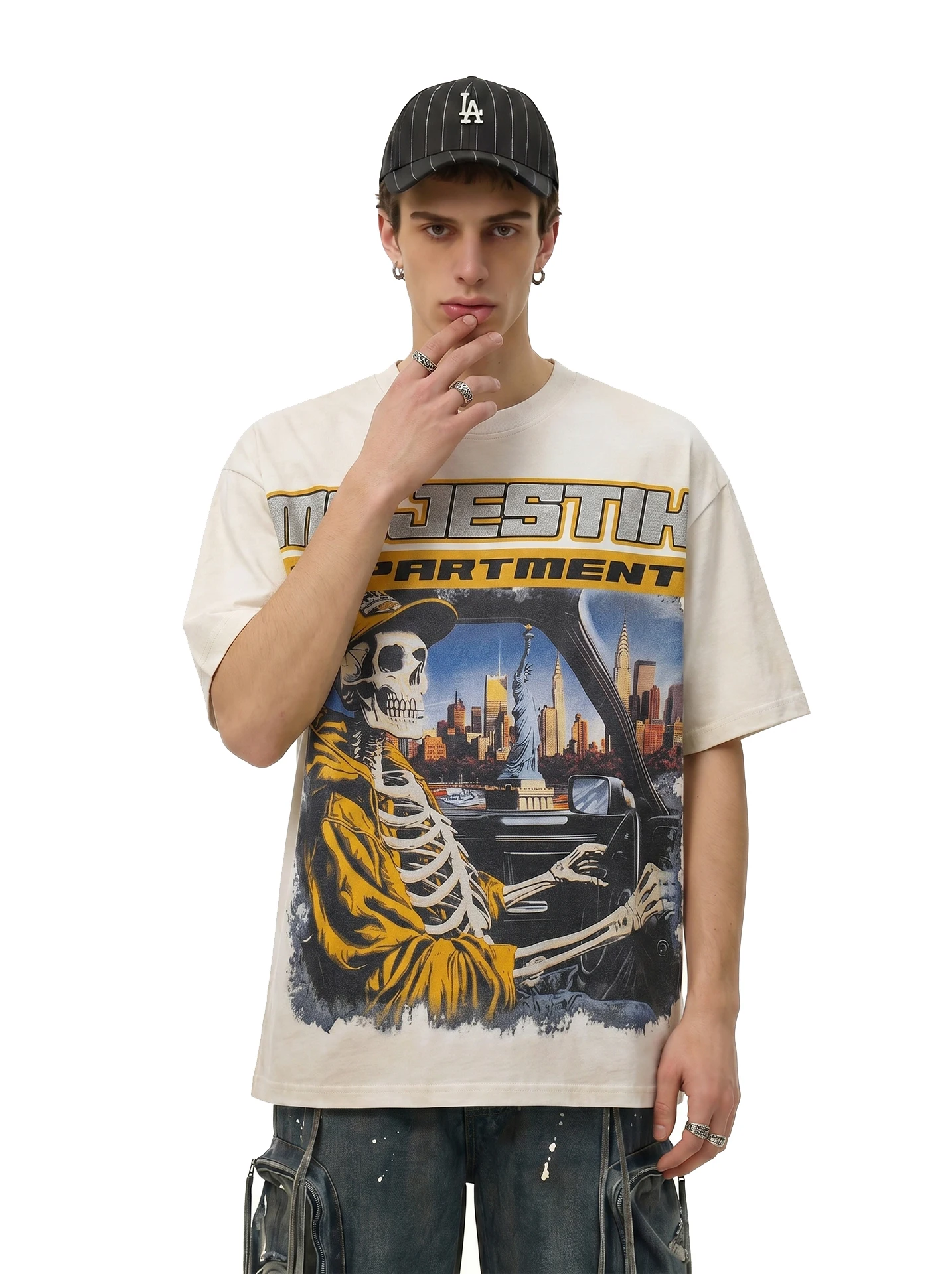 BETEBULE American High Street Glitter Print Short Sleeve Men's T-shirt Summer Trendy Loose Half Sleeve Top for Youth