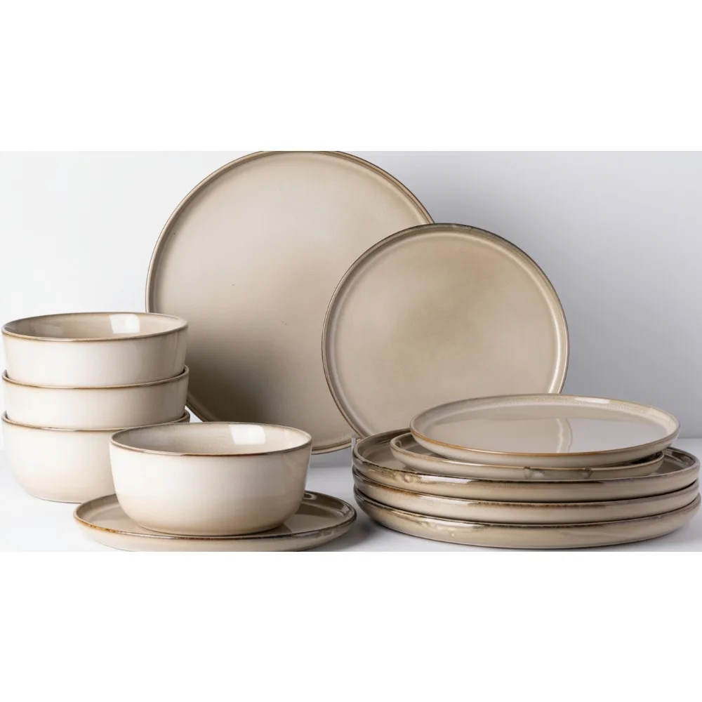 

12-Piece Ceramic Dinnerware Set for 4, Stoneware Plates & Bowls, Dishwasher & Microwave Safe, Scratch Resistant - Cappuccino