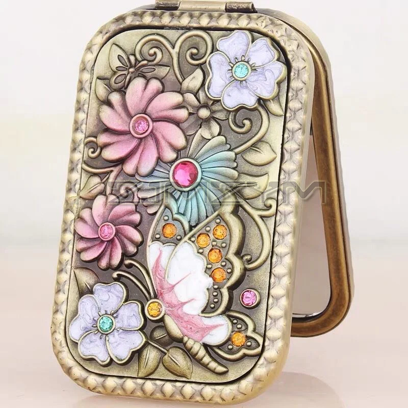 2.5X cermin rias perbesaran antik portabel, cermin kecil saku lipat dua sisi untuk anak perempuan perjalanan