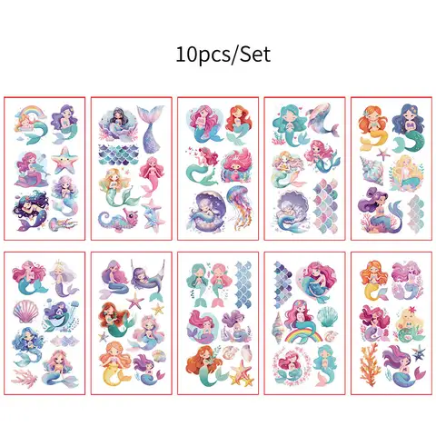 10 Blatt Schmetterlings-Fake-Tattoo für Mädchen, wasserdicht, Meerjungfrau-Design, temporäre Tattoo-Aufkleber, Körperdekoration, Geburtstagsparty-Geschenke