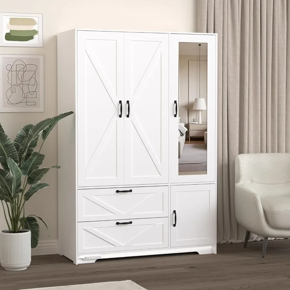 Schrank-Kleiderschrank mit Spiegeltür und LED-Leuchten, 3-türiger Bauernhaus-Schlafzimmerschrank mit Schubladen und verstellbaren Regalen, Wo