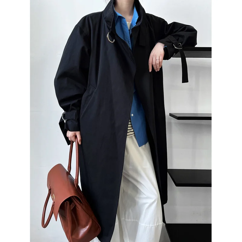 Autumn Stand Collar Long Trench Coat Women Loose Long Sleeve Oversized Over Knee Coat with belt Minimalist