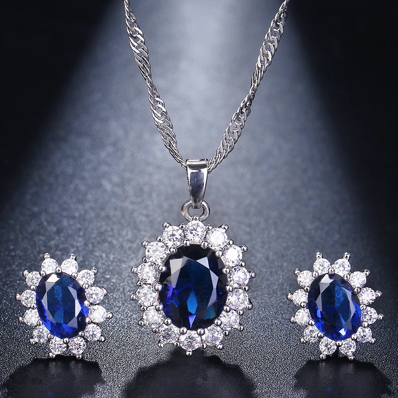 LXOEN Classic Oval Blue Crystal Jewelry Sets for Women White Gold Color Queen Style Wedding Set  Necklace and Earing Set