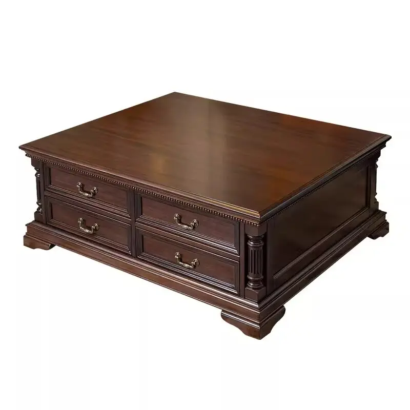 LMM American retro coffee table, all solid wood square table with drawer storage