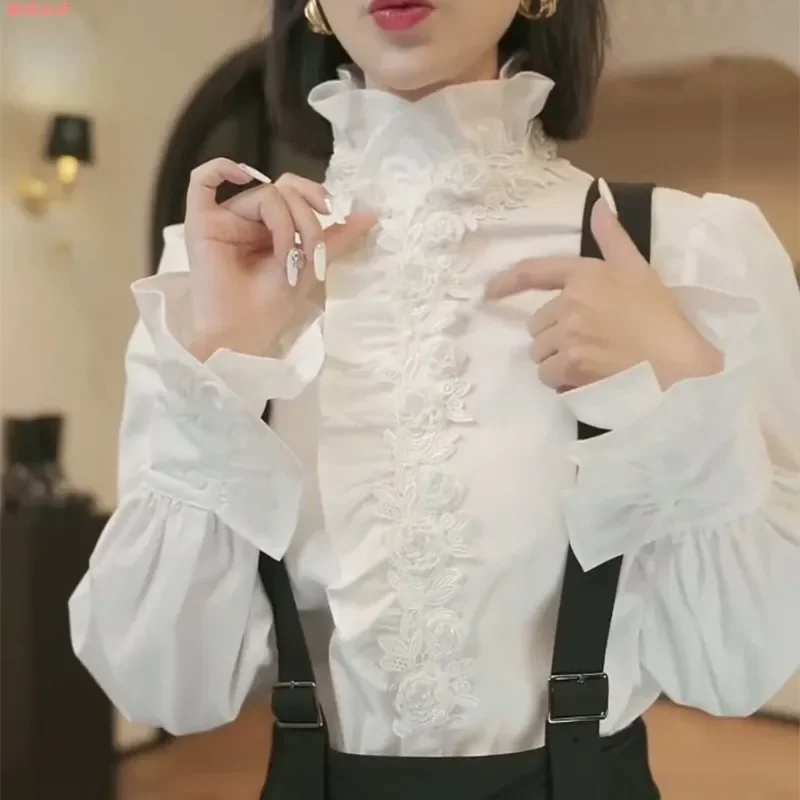 Solid Color Jacquard Shirt for Women 2025 Autumn and Winter New Lace Collar Long-sleeved Loose Right Shoulder Fashionable Top