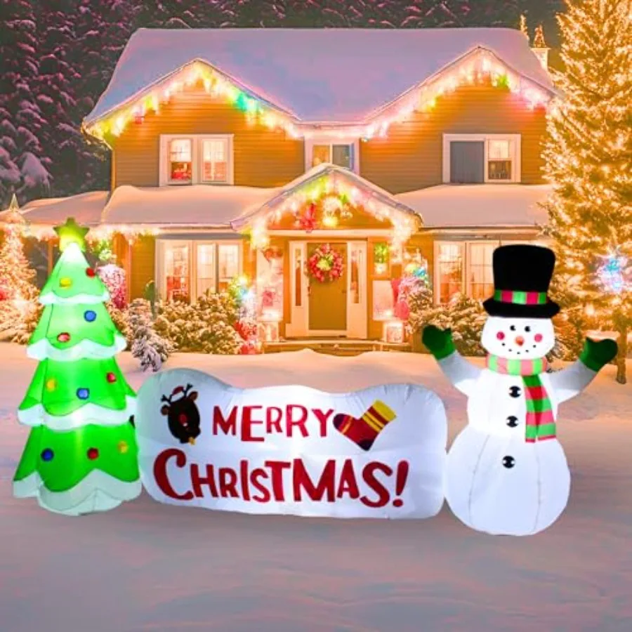 

Outdoor Christmas inflatable snowman with tree and sign, PVC material, white and green, built-in LED lights for lawn, garden, o
