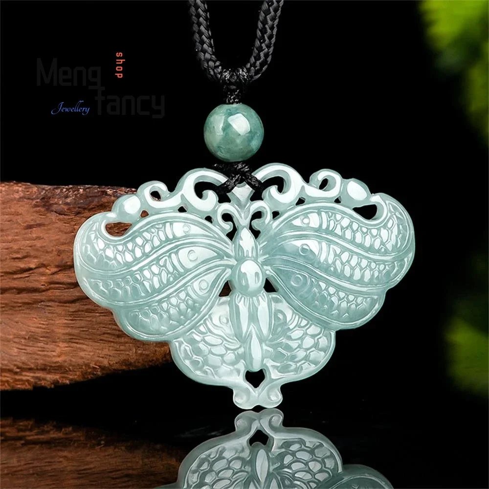 Natural A-goods Jadeite Glutinous Blue Water Butterfly Double-Sided Carving Pendant Exquisite Elegant Fashion Jewelry Handicraft