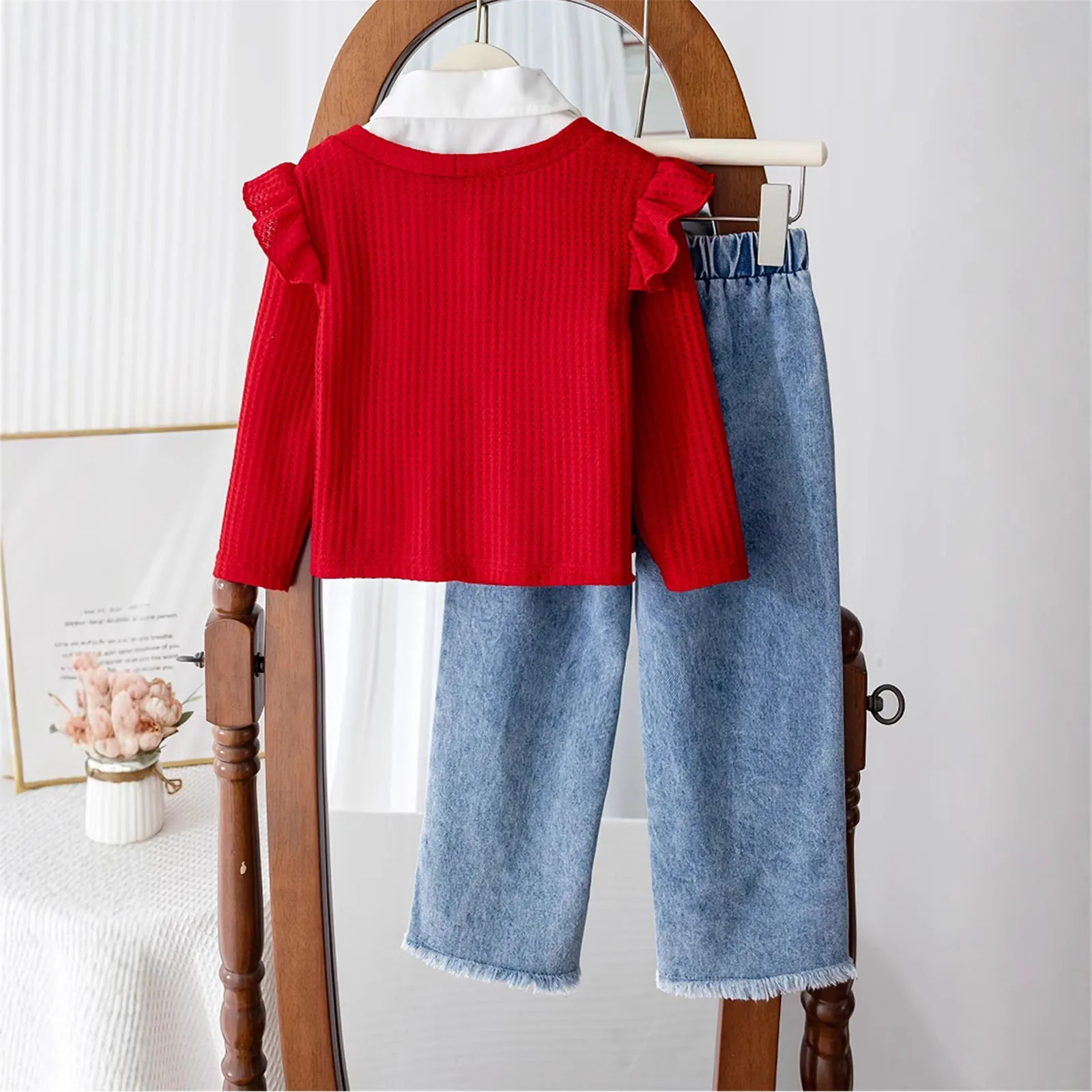 어린이 소녀 의류 복장 체리 자수가 있는 긴 소매 질감 탑 데님 바지 봄 가을 학교 일상복