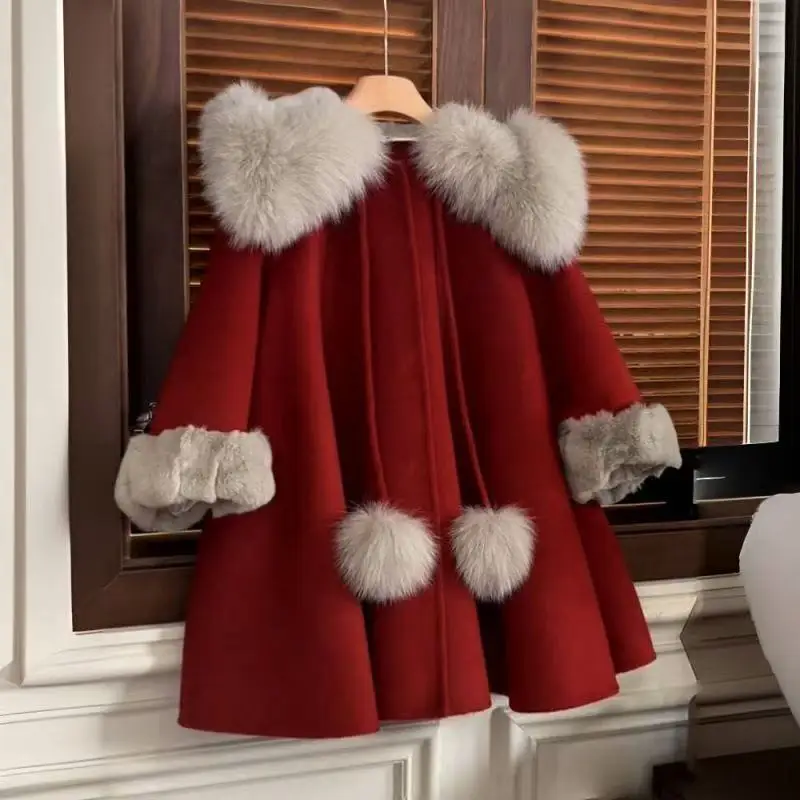 Trendy Girl's Winter Woolen Coat Children's Baby Autumn Winter Little Girl's Cloak Coat Sli Outerwear for Girls