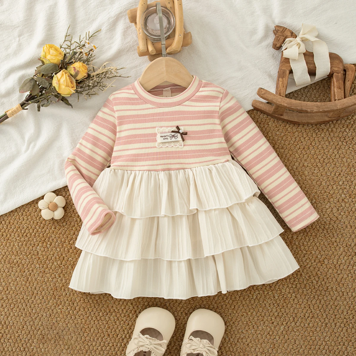 Toddler Girl Spring Autumn Dress Pink White Striped Knit Long Sleeve Cake Dress Sweet Princess Style Outfit for Girls Party
