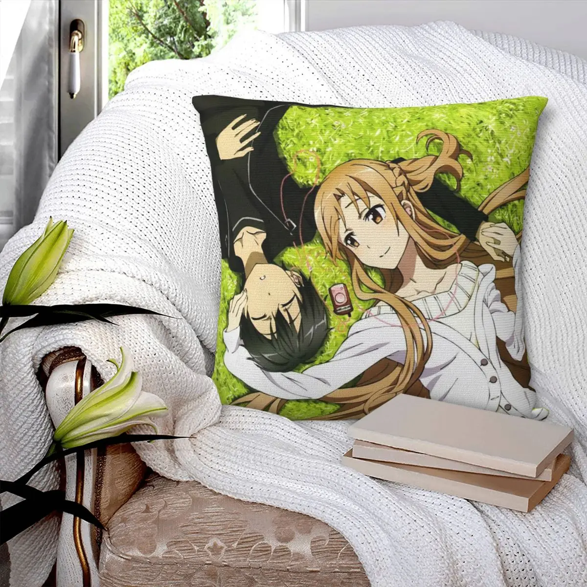 Sword Art Online Asuna And Kirito Anime Square Pillowcase Cushion Cover Pillow Case Throw Pillow Cover for Home Bedroom Car