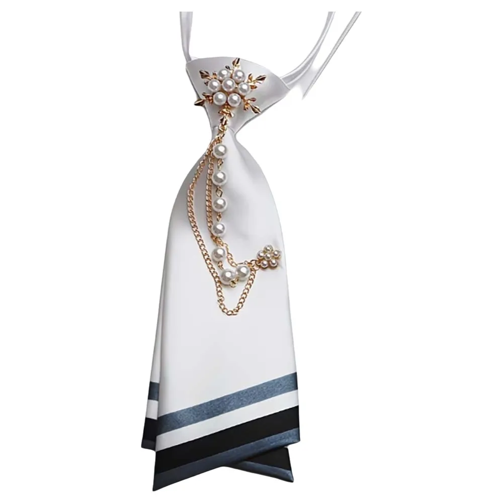 Smooth Satin Material Beaded Floral Tie No-Sew Design Striped Decorative Double-Layer Necktie Handmade Pearl Chain Decoration