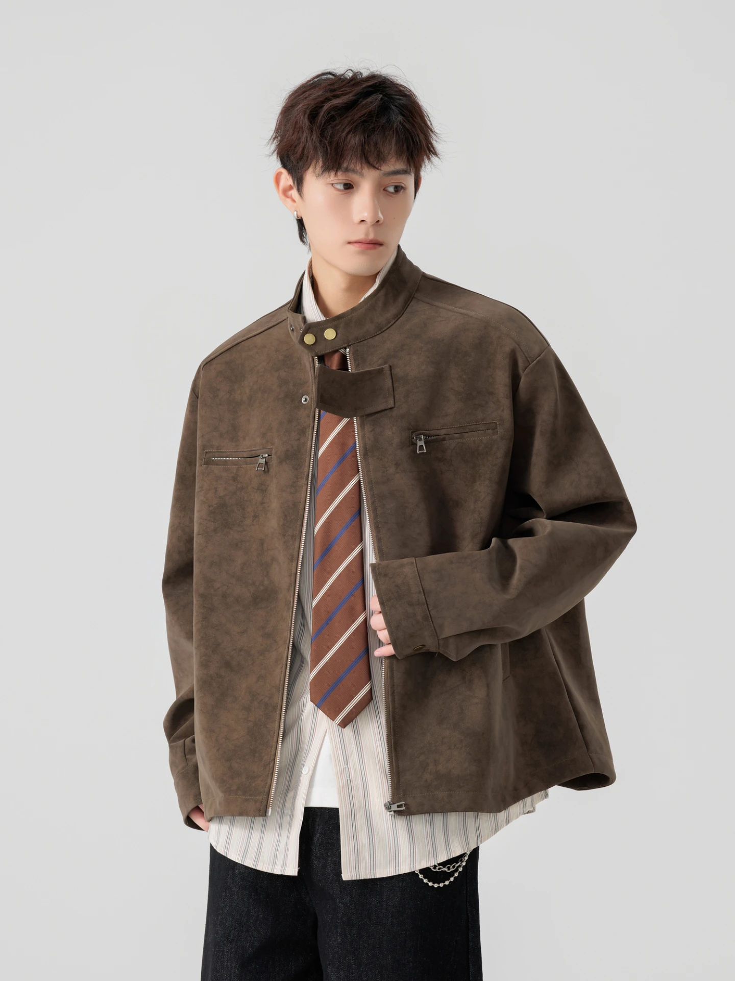 

Trendy Brand American Retro PU Leather Stand-up Collar Locomotive Jacket for Men and Women Loose Couple Versatile Casual Jacket