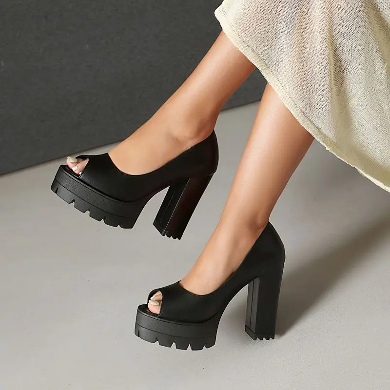 REAVE CAT Black Sexy Female Sandals Peep Toe 11cm Block Heel 3.5cm Platform Slip On Dating Party Shoes Extended Size 43 44 45 46 - view 6