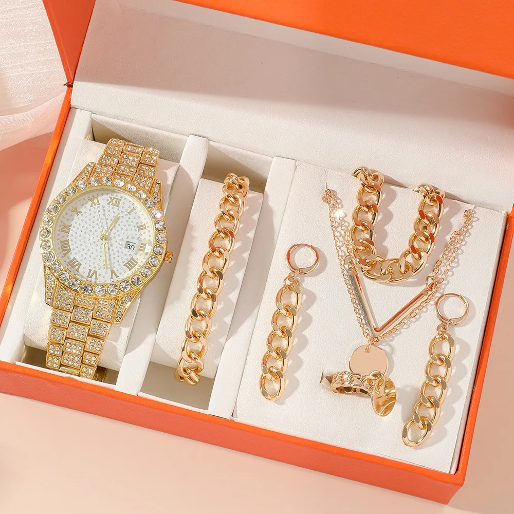 

Нет подарочной коробки; маленькие овальные ретро простые темпераментные женские часы, комплект ювелирных изделий из 5 штук;