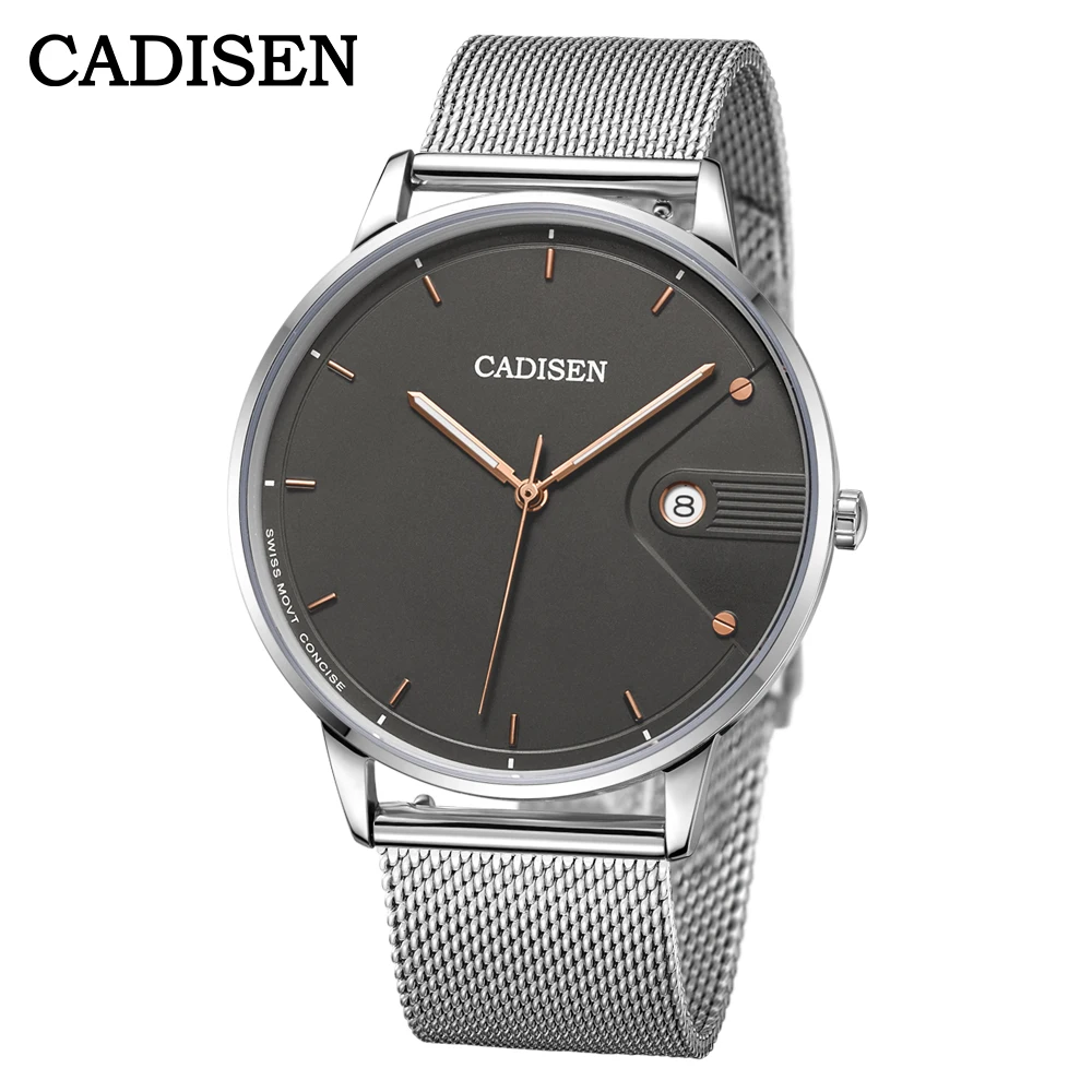 CADISEN Schweizer Ronda 715 Quarzuhr für Herren, 7 mm, ultradünnes Zifferblatt, Saphirglas, leuchtender Edelstahl, Milano-Mesh-Armband, Uhren für Herren