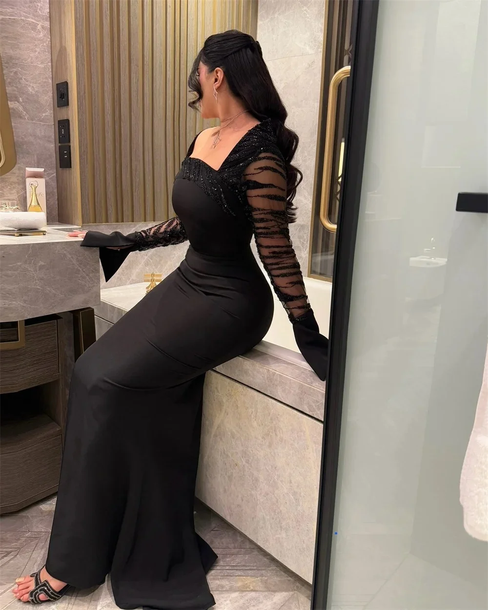 맞춤형 JDY 반짝이는 섹시한 플레인 니트 헤비 핸드메이드 비즈 장식 스팽글 주름 머메이드 오프숄더 롱 드레스 맞춤형 행사 드레스