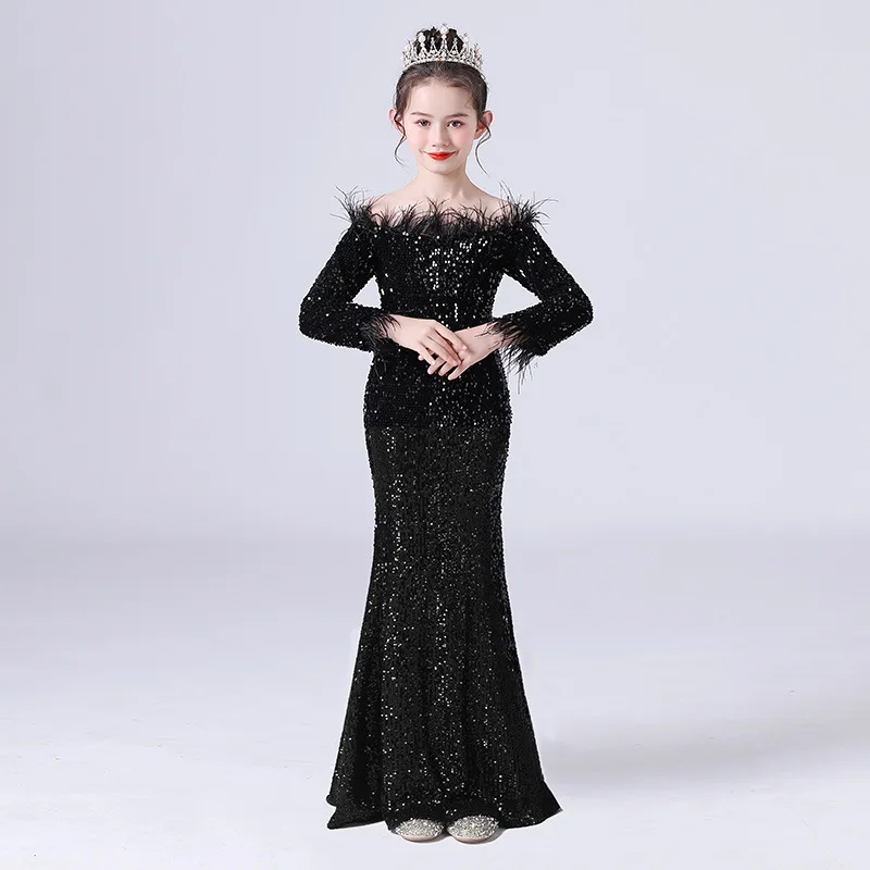 Children's high -end evening dresses Black Yizi shoulder shoulders showing the drag tail dress host to speak long -sleeved fisht