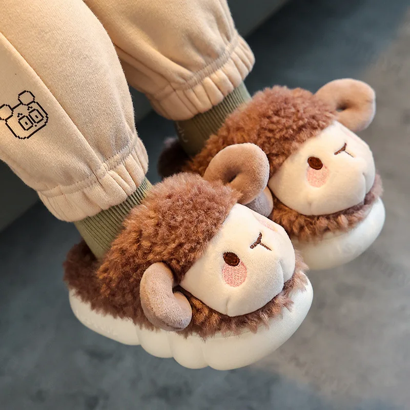 Cute Cartoon Slippers Children Plush Warm Cotton Slippers Winter Goat Graphic Slippers Floor Indoor Fluffy Toddler Home Shoes