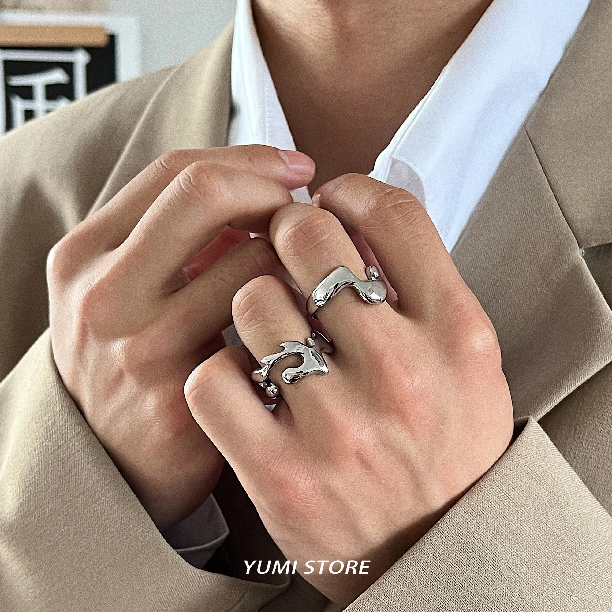 Titanium Steel Abstract Sculptural Ring Unisex Irregular Wave Statement Hip Hop Cool Minimalist Streetwear Jewelry for Men Women