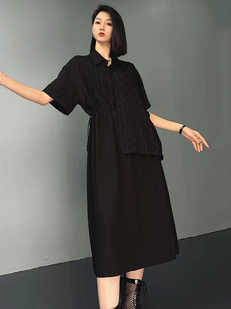 XITAO Asymmetrische Patchwork Jurk Mode Valse Twee Stukken Trekkoord Turn-down Kraag Shirt Jurk 2025 Zomer Nieuwe WLD20146