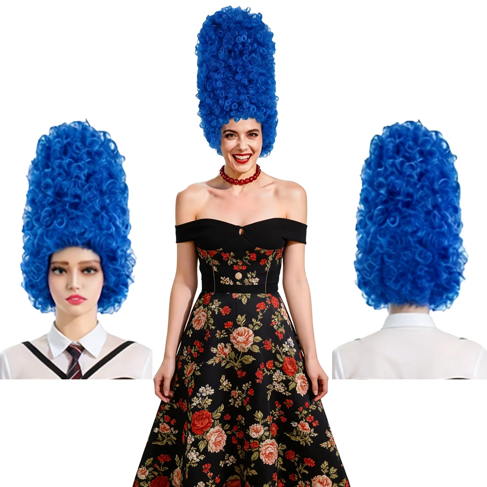 Marge Simpson Cosplay Wig Blue Ultra Tall Beehive Curly Heat Resistant Synthetic Full Head Wig For Halloween Anime Costume Party