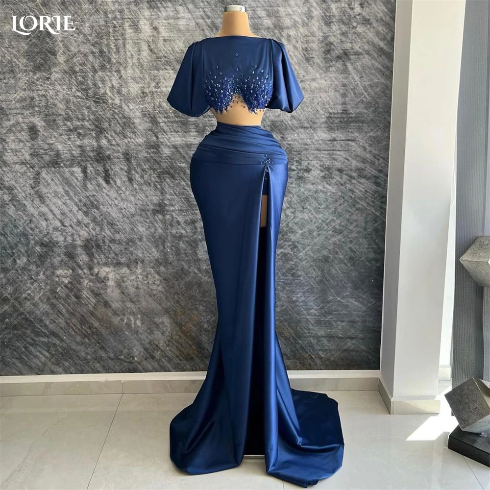 

LORIE Navy Blue Mermaid Evening Dresses Short Puff Sleeves Shiny Satin Side Slit Prom Dress Beaded Arabia 2022 Bride Party Gowns