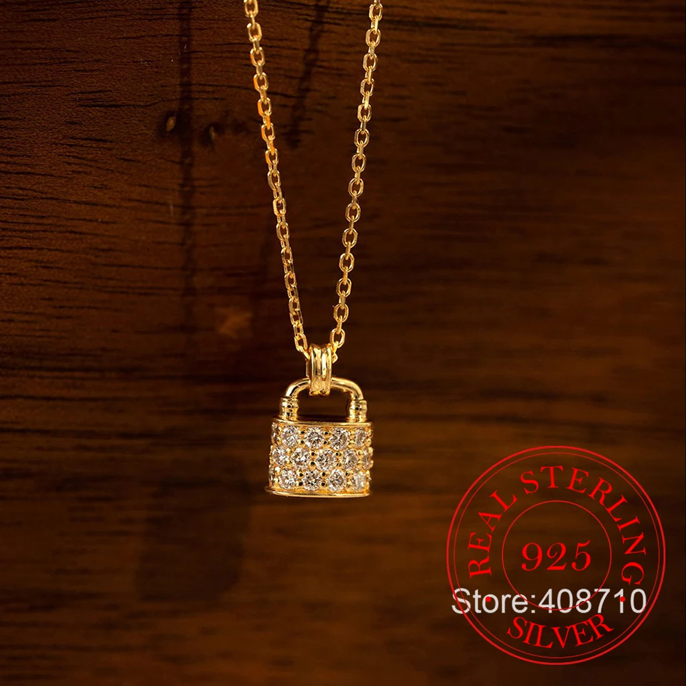 925 Sterling Silver Jewelry 18K Gold Plated Luxury Crystal Lock Pendant Necklaces for Women Wedding Party Jewelry Gift