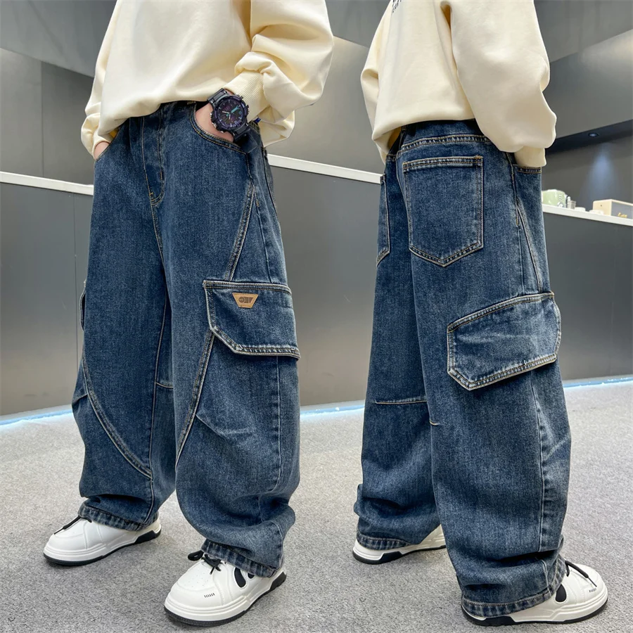 

New Design Kids Autumn Baggy Cargo Jeans for Big Boy Child Fashion Vintage Jeans Trousers Children Heavy Work Denim Pants 5-14 Y