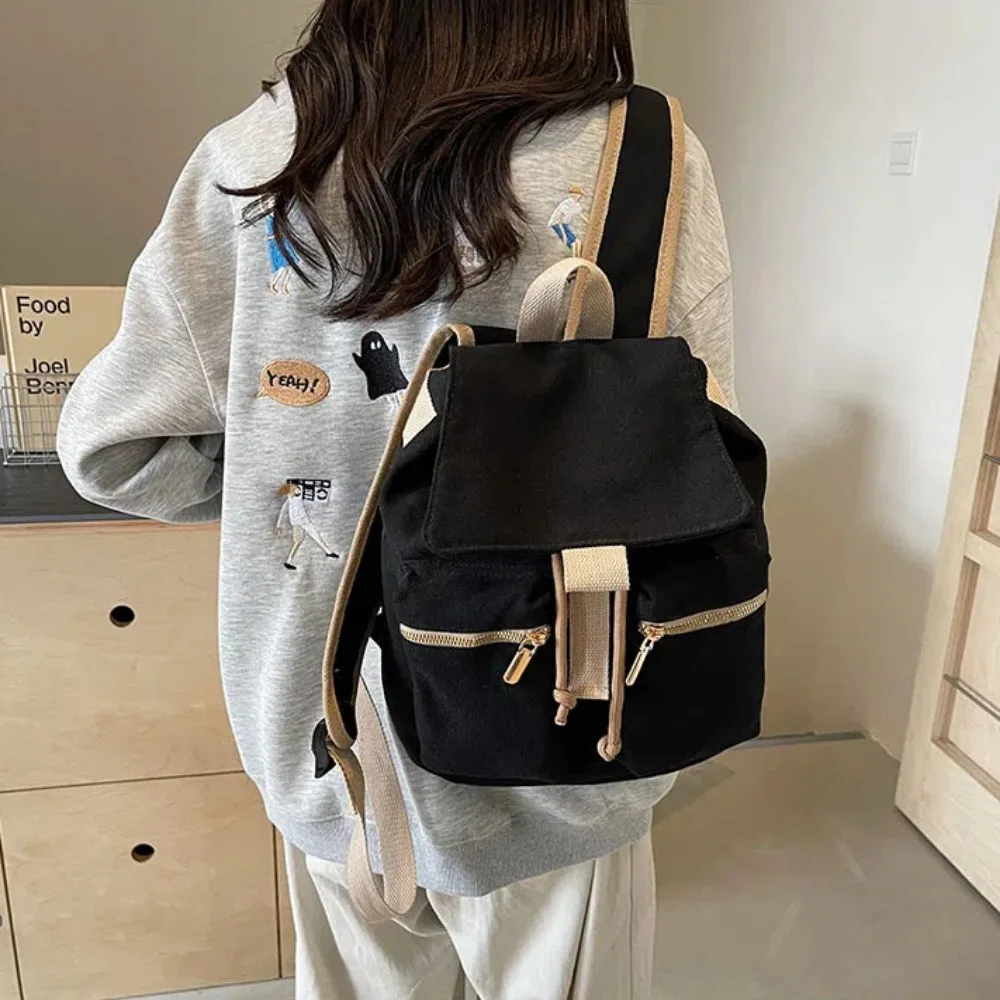 Fashion Drawstring Women Backpack Multiple Pockets Adjustable Strap Travel Backpack Solid Color Students Backpack Travel