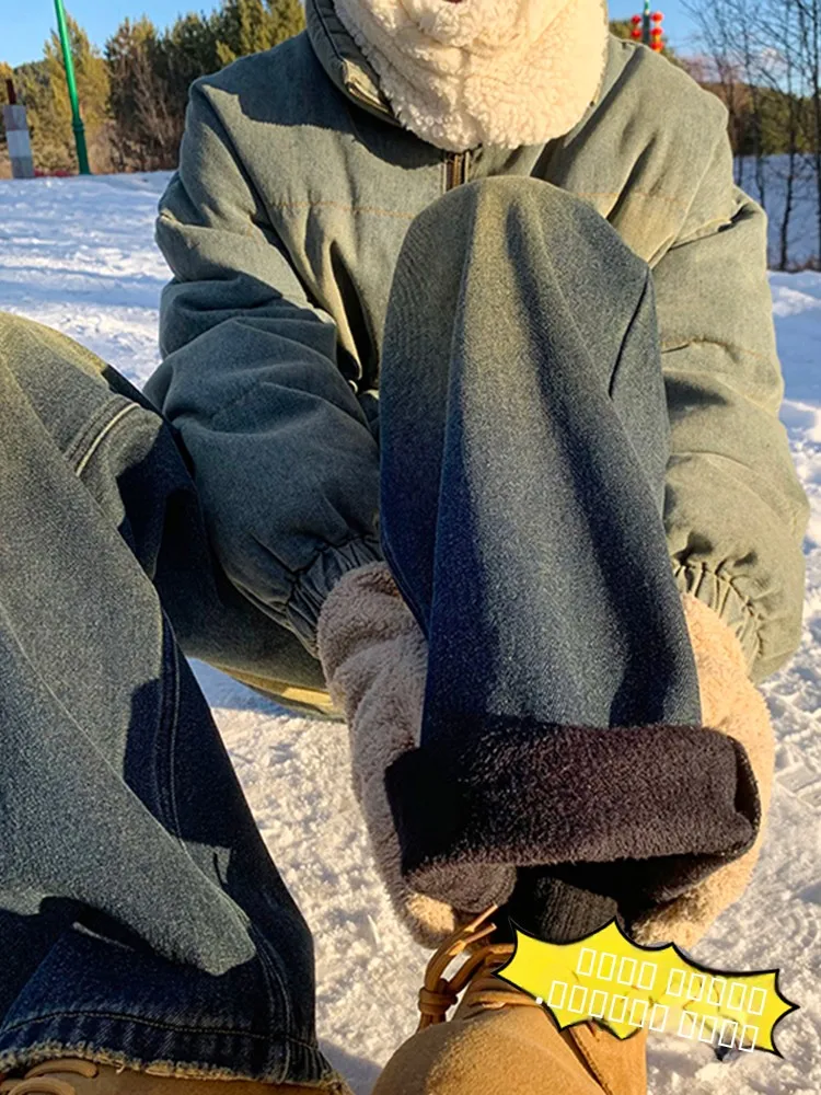 

Мужские джинсы в стиле ретро, синие, с подкладкой, прямого кроя, в уличном стиле, осенне-зимняя мода