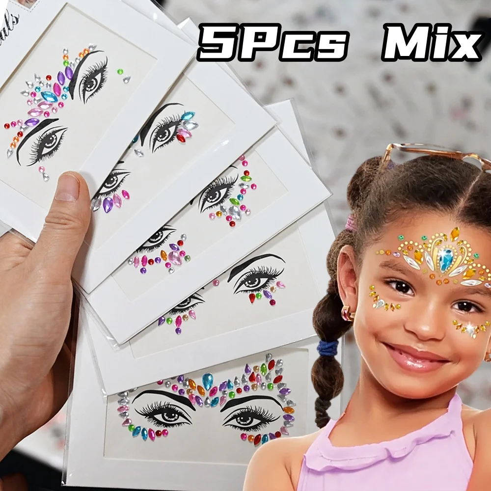 5Pc Diamond Face Stickers For Child Mixed Style Colorful Glitter Crystal Face Decal 3D Self-Adhesive Face Rhinestones Small Size