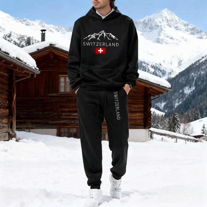 

Swiss Mountain Landscape Print Men's Cotton Fleece Hoodie Sweaters Jogging Set Cotton 2-Piece Sportswear Pants with Pockets