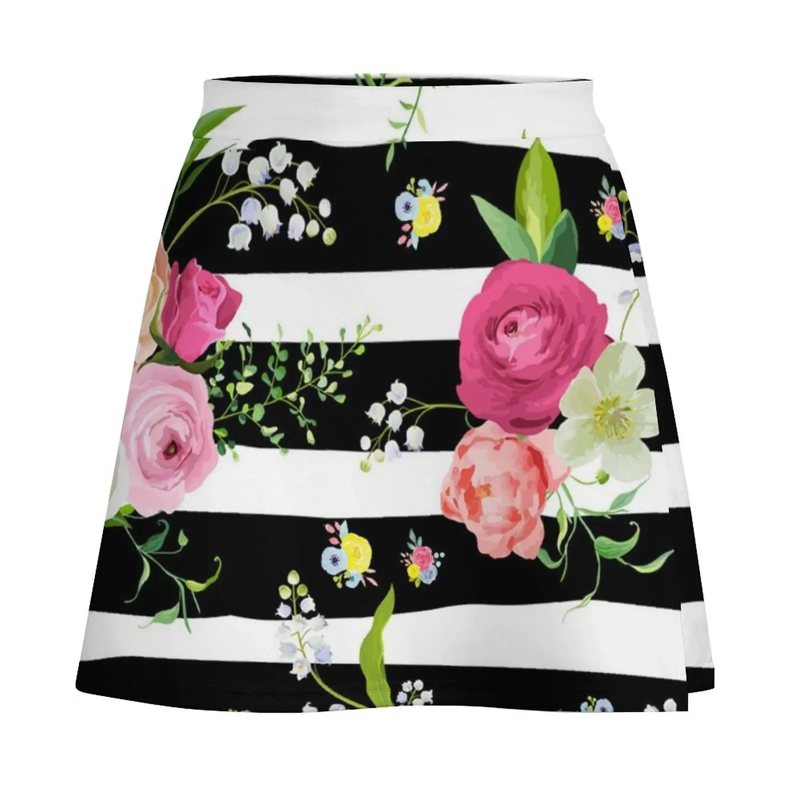 Beautiful roses on a black and white striped background Mini Skirt 90s vintage clothes Mini Skirt