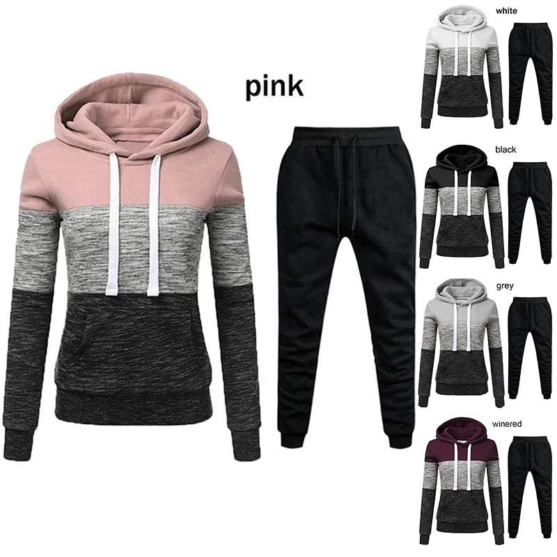 New Womens Hoodies Sweatshirt +Sweatpants 2 Piece Set Warm Splice High Quality Tracksuit Casual Jogging Pants Suit