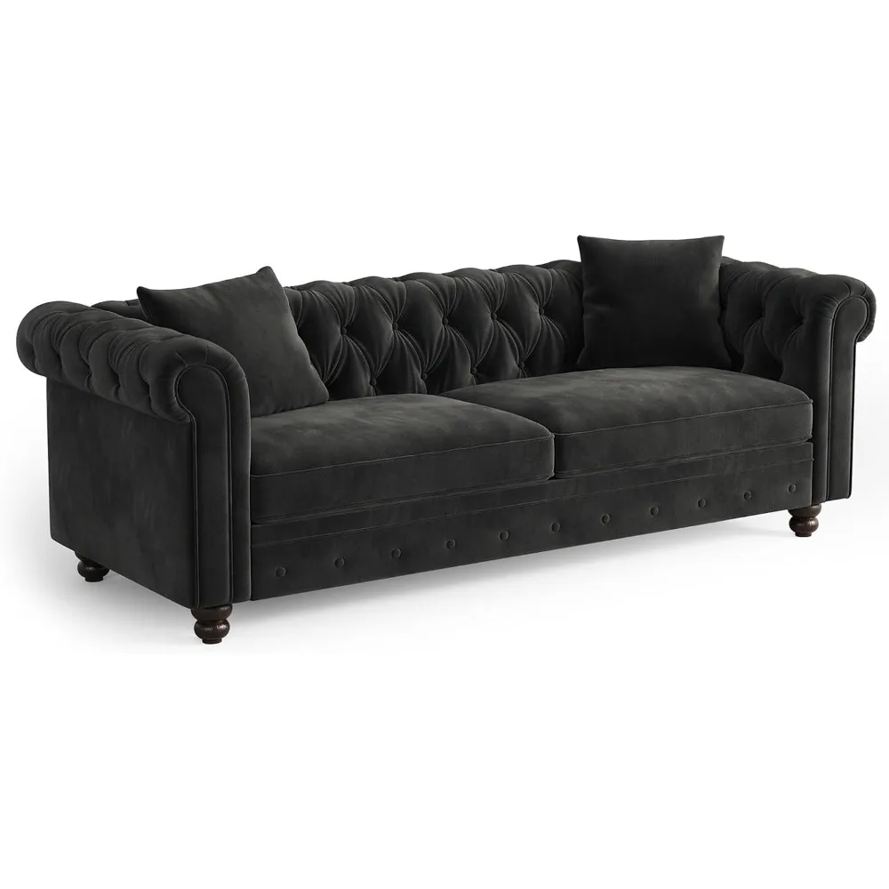 

"Luxurious 82" Deep Seat Velvet Chesterfield Sofa with Button Tufting and Rolled Arms, Includes 2 Pillows for Living Room Decor"